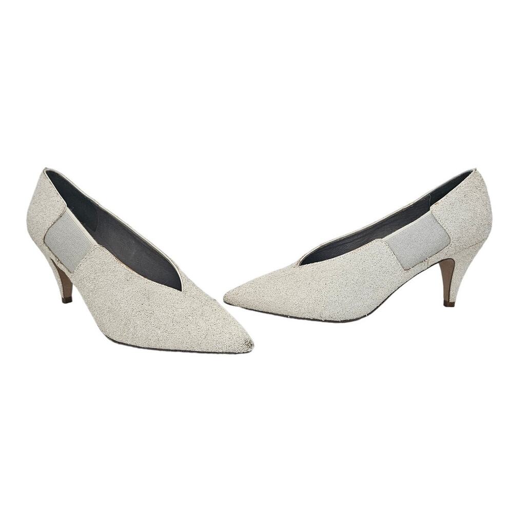 Free People White Glitter Florence Kitten Heel sz 38 Retro Minimalist Wedding